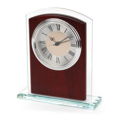 Glass & Wood Desk Alarm Clock - Silver Bezel