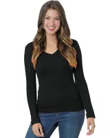 BAYSIDE Ladies' USA Made Long-Sleeve Deep V-Neck T-Shirt