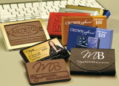 Engraved Milk or Dark Chocolate Business Cards in Imprinted Box 2" x 3"