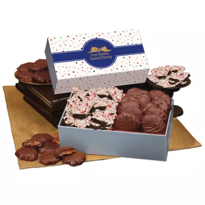Peppermint Bark & Pecan Clusters in Gift Box with Bubbles Sleeve
