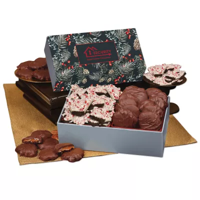 Peppermint Bark & Pecan Clusters in Gift Box with Pine Boughs & Berries Sleeve