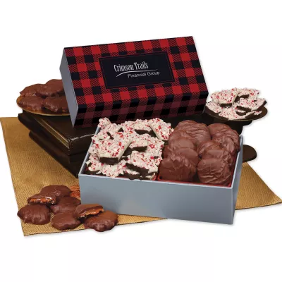 Peppermint Bark & Pecan Clusters in Gift Box with Red & Black Plaid Sleeve