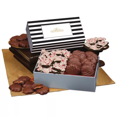 Peppermint Bark & Pecan Clusters in Gift Box with Stripes Sleeve