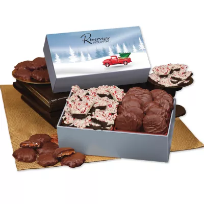 Peppermint Bark & Pecan Clusters in Gift Box with Red Truck Sleeve
