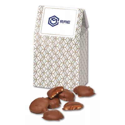 Silver & Gold Geometric Gable Top Gift Box w/Caramel Pecan Clusters