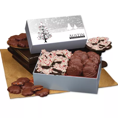 Peppermint Bark & Pecan Clusters in Gift Box with Cardinals in Tree Sleeve