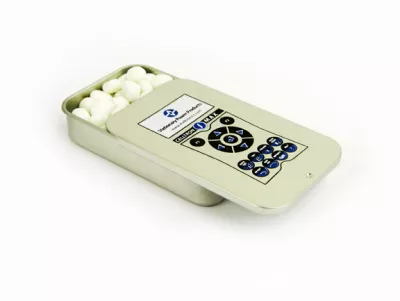 Medium Silver Slider Tin Filled w/ White Gourmet Mints (3"x1 13/16"x1/2")