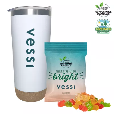 Cork Base Double Wall Tumbler with Compostable bag of Gummy Bears