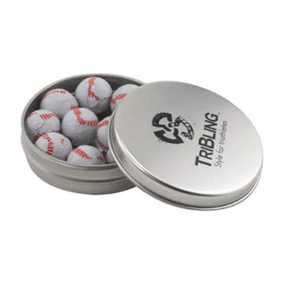 Round Tin with Chocolate Baseballs -1.7 Oz.