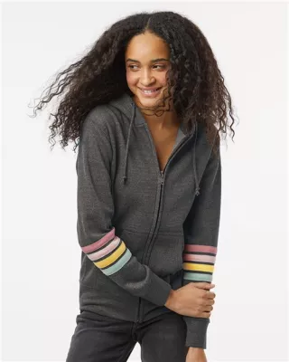 MV Sport® Women's Striped Sleeves Full-Zip Hooded Sweatshirt