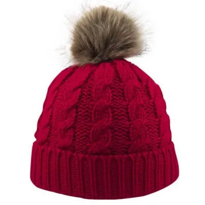Cable Knit Beanie With Faux Fur Pom