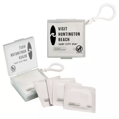 Individual Wet Wipes in Square Plastic Container & Carabiner