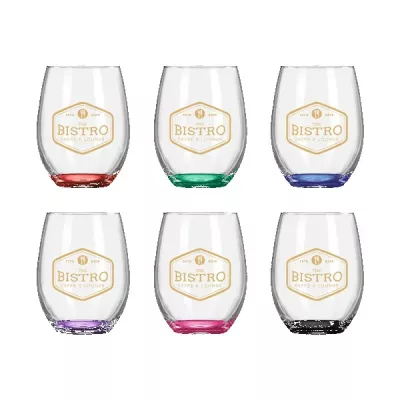 Wine O'Clock 9oz ARC Stemless Wine Glass C8832 with Color Bottom