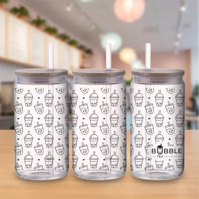 18 oz Can Glass with Bamboo Lid and Plastic Straw