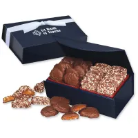 Navy Magnetic Closure Box w/English Butter Toffee & Caramel Pecan Clusters
