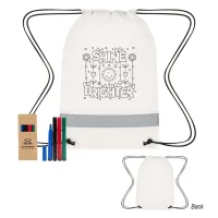 Lil' Bit Reflective Non-woven Coloring Drawstring Bag With 4-piece Washable Marker Set